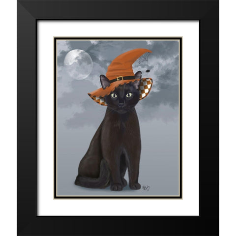 Halloween Black Cat in Witches Hat Black Modern Wood Framed Art Print with Double Matting by Fab Funky