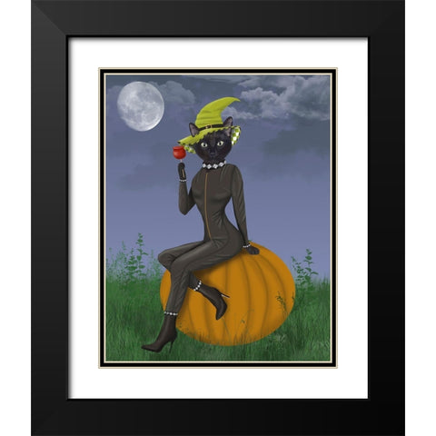 Halloween Cat and Toffee Apple Black Modern Wood Framed Art Print with Double Matting by Fab Funky
