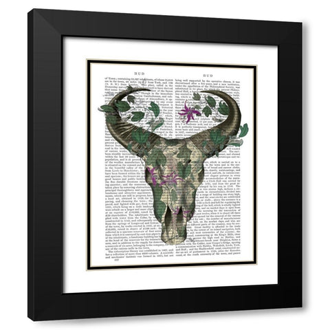 Cow Skull and Passion Flowers Black Modern Wood Framed Art Print with Double Matting by Fab Funky