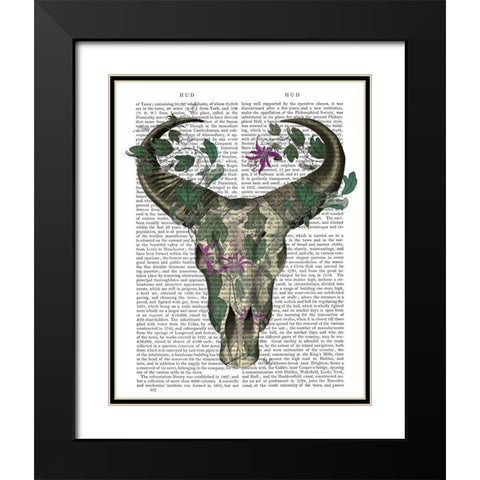Cow Skull and Passion Flowers Black Modern Wood Framed Art Print with Double Matting by Fab Funky