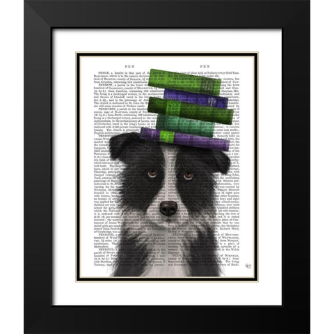 Border Collie, Black and White, and Books Black Modern Wood Framed Art Print with Double Matting by Fab Funky