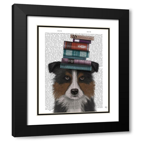 Border Collie, Tricolour, and Books Black Modern Wood Framed Art Print with Double Matting by Fab Funky