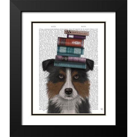 Border Collie, Tricolour, and Books Black Modern Wood Framed Art Print with Double Matting by Fab Funky