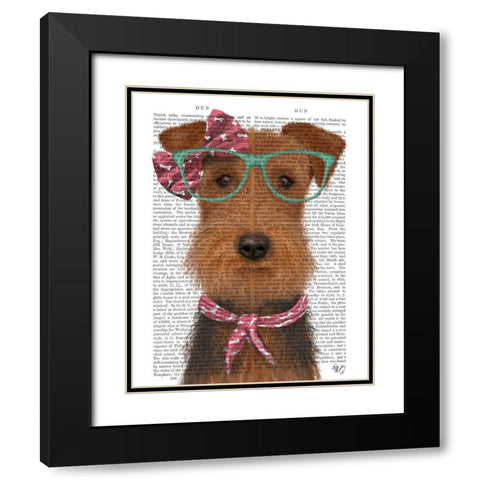 Airedale with Glasses and Scarf Black Modern Wood Framed Art Print with Double Matting by Fab Funky