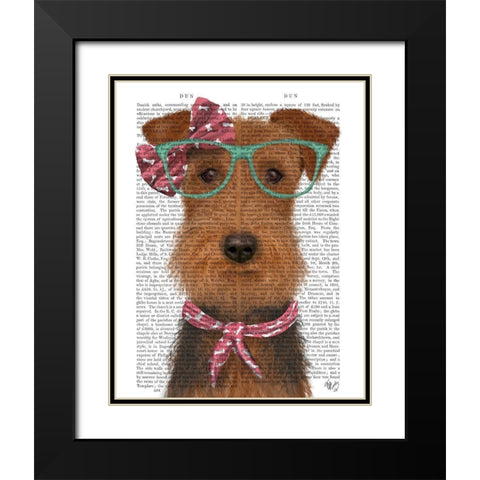 Airedale with Glasses and Scarf Black Modern Wood Framed Art Print with Double Matting by Fab Funky
