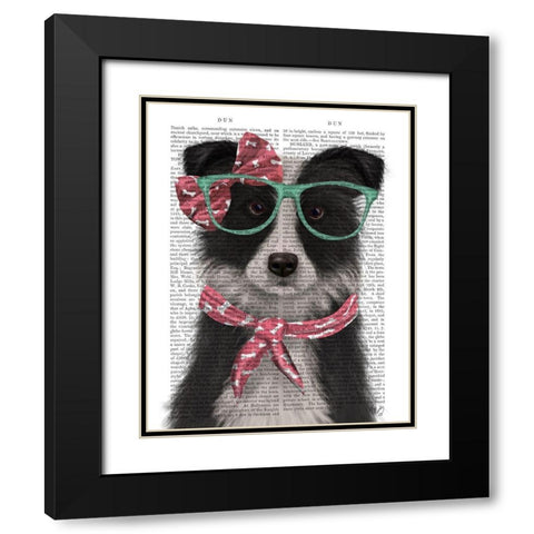 Border Collie, Black and White, with Glasses and Scarf Black Modern Wood Framed Art Print with Double Matting by Fab Funky