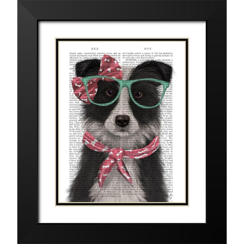 Border Collie, Black and White, with Glasses and Scarf Black Modern Wood Framed Art Print with Double Matting by Fab Funky
