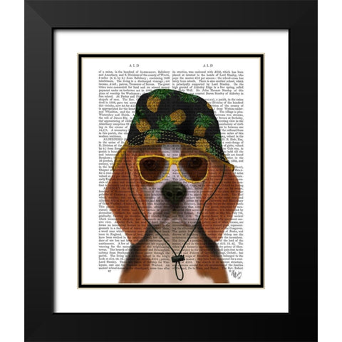 Beagle and Bucket Hat Black Modern Wood Framed Art Print with Double Matting by Fab Funky