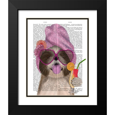 Shih Tzu with Cocktail Black Modern Wood Framed Art Print with Double Matting by Fab Funky
