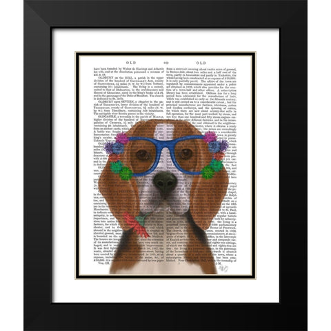 Beagle and Flower Glasses  Black Modern Wood Framed Art Print with Double Matting by Fab Funky