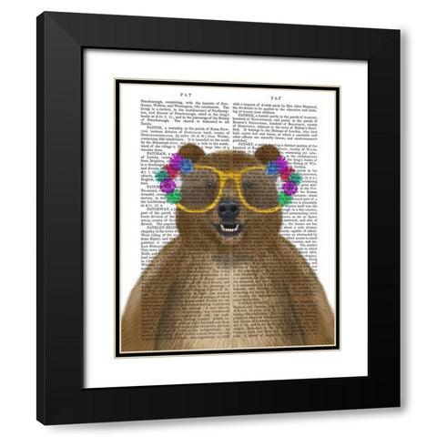 Bear and Flower Glasses Black Modern Wood Framed Art Print with Double Matting by Fab Funky