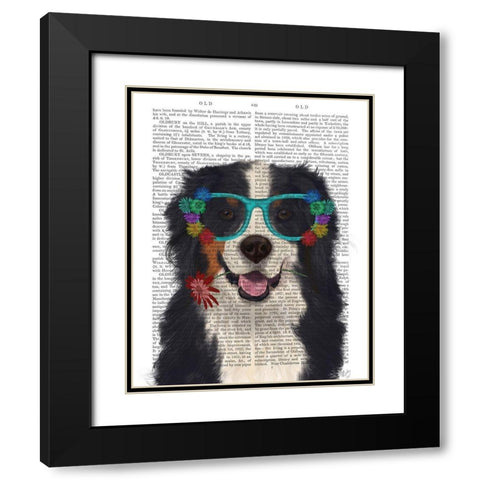 Bernese and Flower Glasses  Black Modern Wood Framed Art Print with Double Matting by Fab Funky