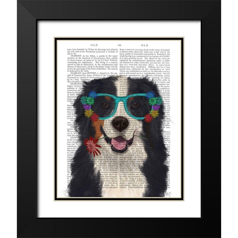 Bernese and Flower Glasses  Black Modern Wood Framed Art Print with Double Matting by Fab Funky
