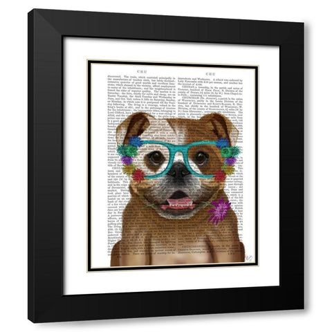 English Bulldog and Flower Glasses Black Modern Wood Framed Art Print with Double Matting by Fab Funky