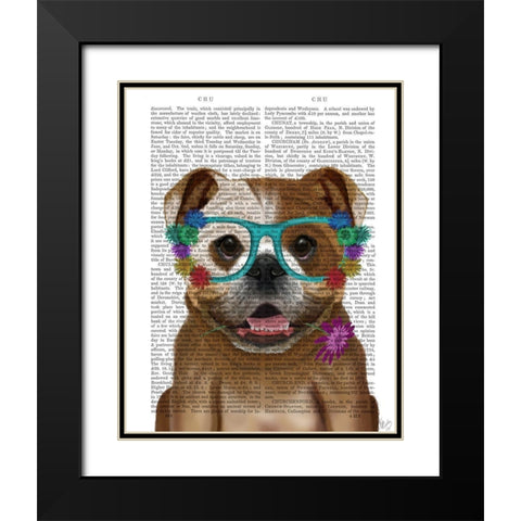 English Bulldog and Flower Glasses Black Modern Wood Framed Art Print with Double Matting by Fab Funky