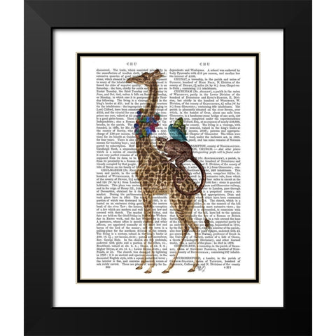 Giraffe and Monkey Black Modern Wood Framed Art Print with Double Matting by Fab Funky