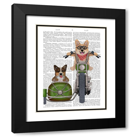 Corgi Chopper and Sidecar Black Modern Wood Framed Art Print with Double Matting by Fab Funky