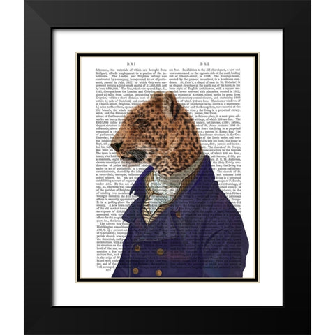 Leopard in Blue Jacket Black Modern Wood Framed Art Print with Double Matting by Fab Funky