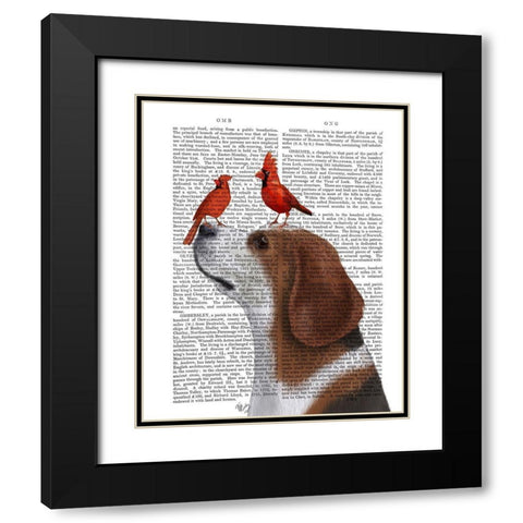 Beagle and Red Cardinals Black Modern Wood Framed Art Print with Double Matting by Fab Funky