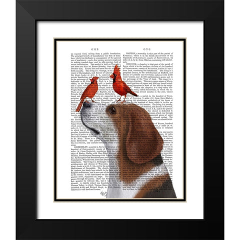 Beagle and Red Cardinals Black Modern Wood Framed Art Print with Double Matting by Fab Funky