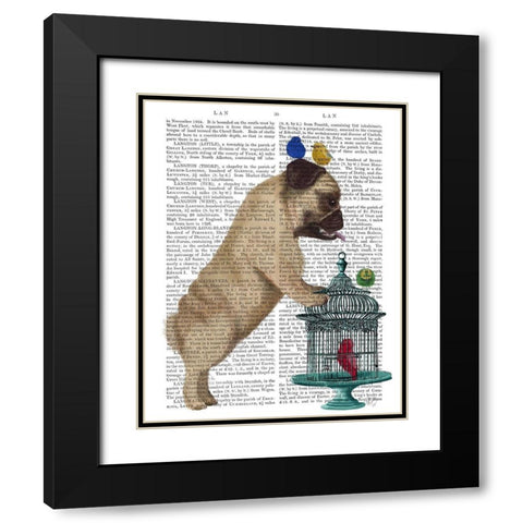 Pug and Birdcage Black Modern Wood Framed Art Print with Double Matting by Fab Funky