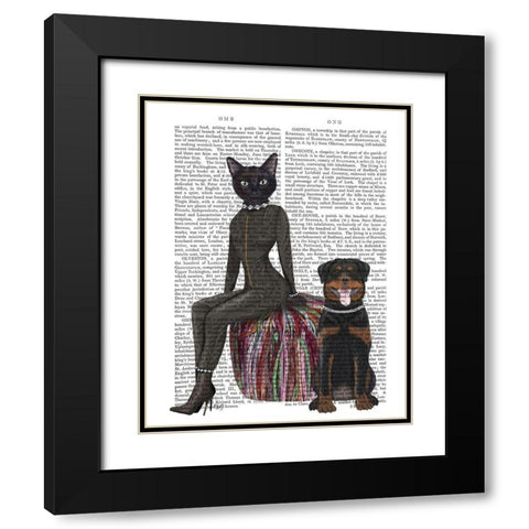 Black Cat and Rottweiler Book Print Black Modern Wood Framed Art Print with Double Matting by Fab Funky