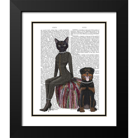 Black Cat and Rottweiler Book Print Black Modern Wood Framed Art Print with Double Matting by Fab Funky