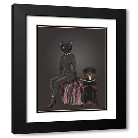 Black Cat and Rottweiler Black Modern Wood Framed Art Print with Double Matting by Fab Funky