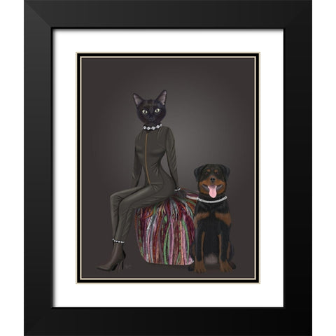 Black Cat and Rottweiler Black Modern Wood Framed Art Print with Double Matting by Fab Funky