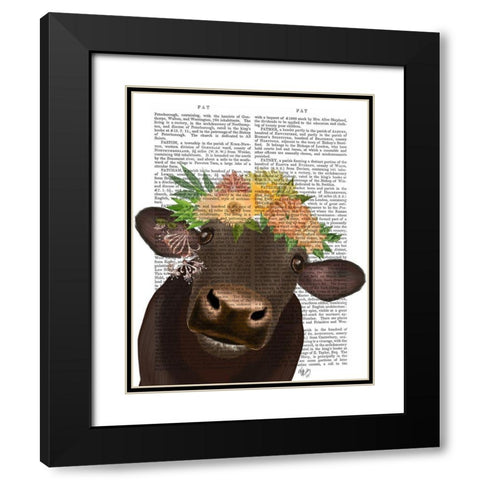 Cow with Flower Crown 1 Book Print Black Modern Wood Framed Art Print with Double Matting by Fab Funky