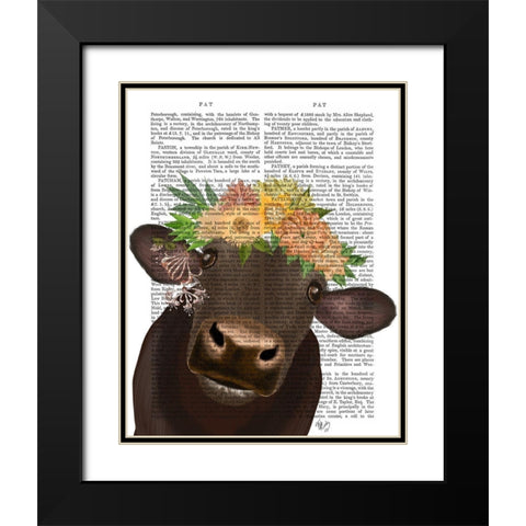 Cow with Flower Crown 1 Book Print Black Modern Wood Framed Art Print with Double Matting by Fab Funky