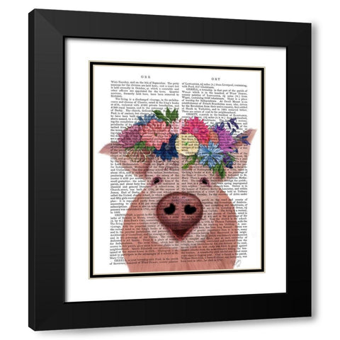 Pig and Flower Crown Book Print Black Modern Wood Framed Art Print with Double Matting by Fab Funky