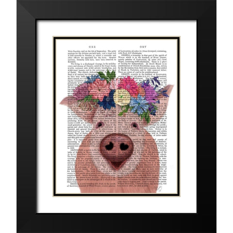 Pig and Flower Crown Book Print Black Modern Wood Framed Art Print with Double Matting by Fab Funky