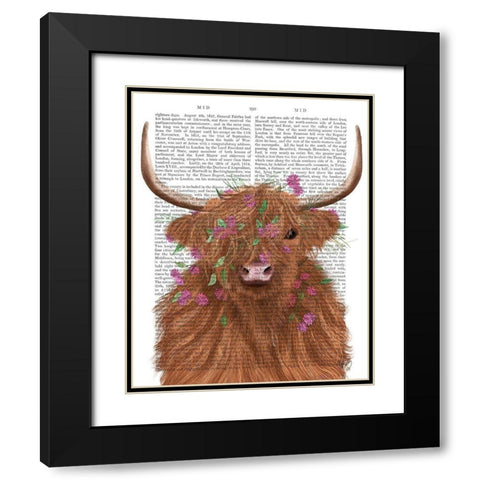 Highland Cow 1, Pink Flowers Book Print Black Modern Wood Framed Art Print with Double Matting by Fab Funky