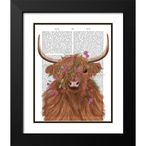 Highland Cow 1, Pink Flowers Book Print Black Modern Wood Framed Art Print with Double Matting by Fab Funky