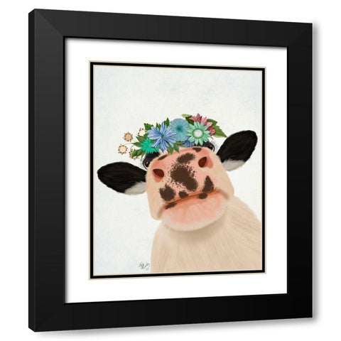 Cow with Flower Crown 1 Black Modern Wood Framed Art Print with Double Matting by Fab Funky