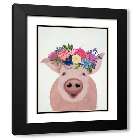 Pig and Flower Crown Black Modern Wood Framed Art Print with Double Matting by Fab Funky