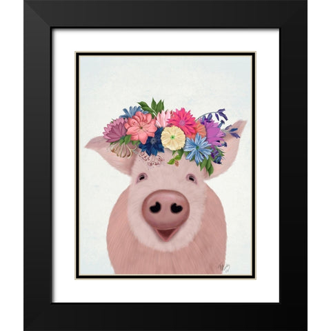 Pig and Flower Crown Black Modern Wood Framed Art Print with Double Matting by Fab Funky
