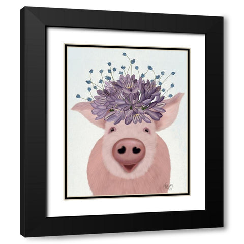 Pig and Lilac Flowers Black Modern Wood Framed Art Print with Double Matting by Fab Funky