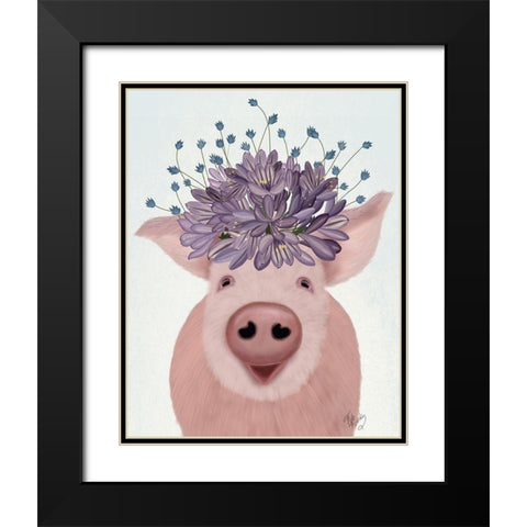 Pig and Lilac Flowers Black Modern Wood Framed Art Print with Double Matting by Fab Funky