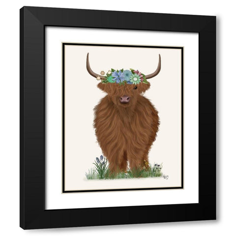 Highland Cow with Flower Crown 2, Full Black Modern Wood Framed Art Print with Double Matting by Fab Funky
