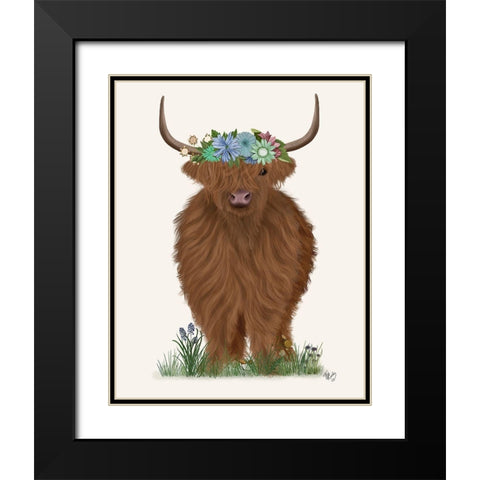 Highland Cow with Flower Crown 2, Full Black Modern Wood Framed Art Print with Double Matting by Fab Funky