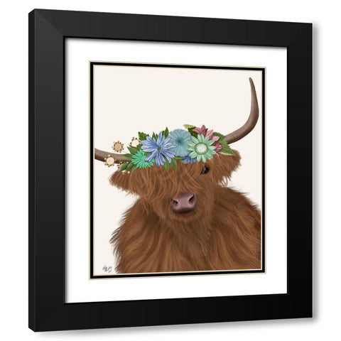 Highland Cow with Flower Crown 2, Portrait Black Modern Wood Framed Art Print with Double Matting by Fab Funky