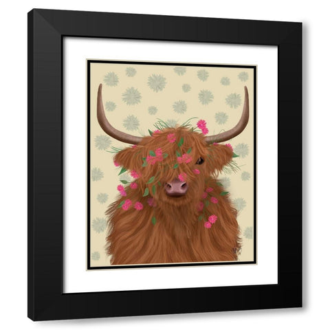 Highland Cow 1, Pink Flowers Black Modern Wood Framed Art Print with Double Matting by Fab Funky