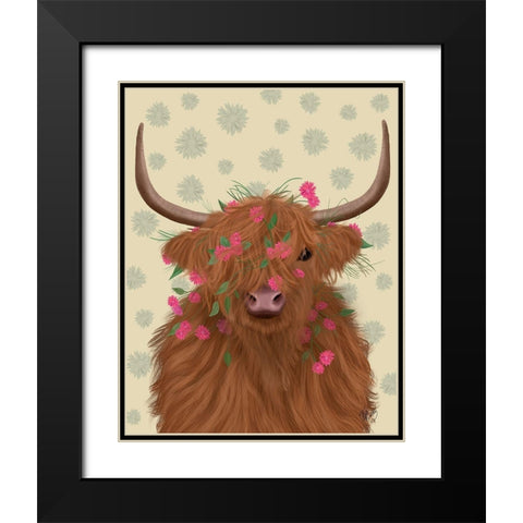 Highland Cow 1, Pink Flowers Black Modern Wood Framed Art Print with Double Matting by Fab Funky