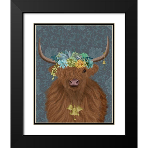 Highland Cow Bohemian 1 Black Modern Wood Framed Art Print with Double Matting by Fab Funky