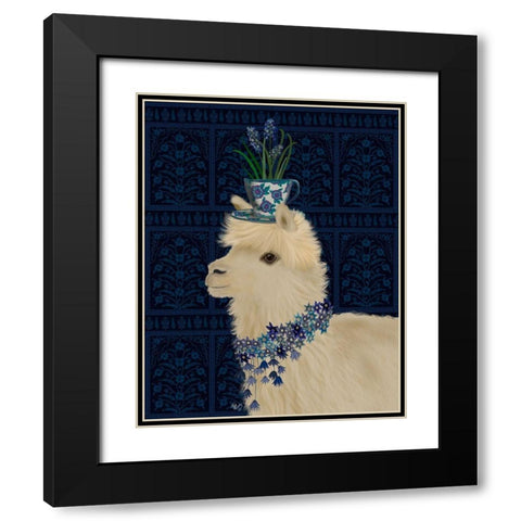 Llama Teacup and Blue Flowers Black Modern Wood Framed Art Print with Double Matting by Fab Funky