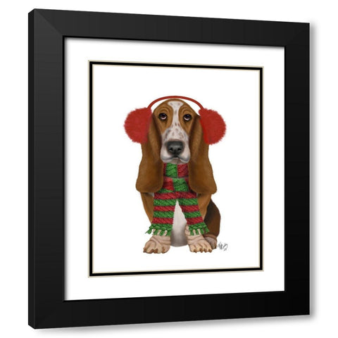Christmas Des - Basset Hound and Ear Muffs Black Modern Wood Framed Art Print with Double Matting by Fab Funky