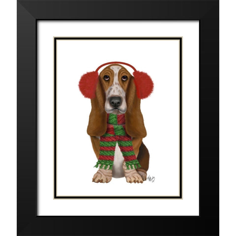 Christmas Des - Basset Hound and Ear Muffs Black Modern Wood Framed Art Print with Double Matting by Fab Funky