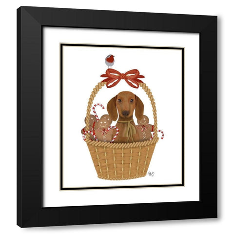 Christmas Des - Dog in Basket with Gingerbread Men Black Modern Wood Framed Art Print with Double Matting by Fab Funky